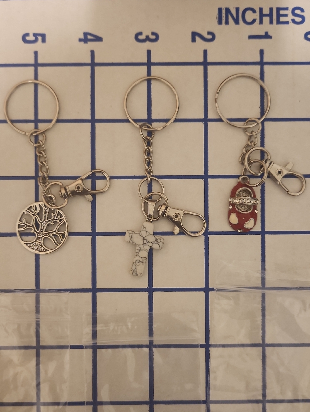 Source Unknown Silver Tree of Life, White Cross, Red Shoe Keychain Trio